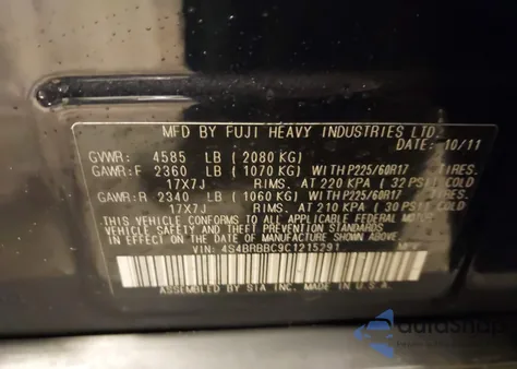 2012 Subaru Outback 2.5I Premium from USA, damaged, VIN 4S4BRBBC9C1215291